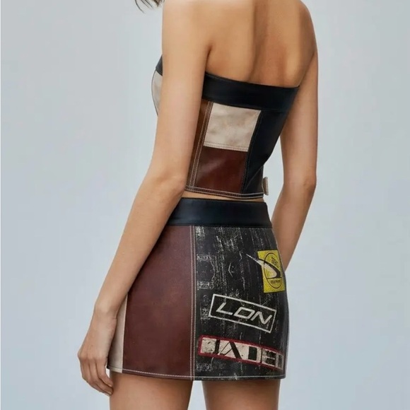 Patchwork Racing Leather Skirt Set with Logos - Brown, Black, Cream - Picture 3 of 4